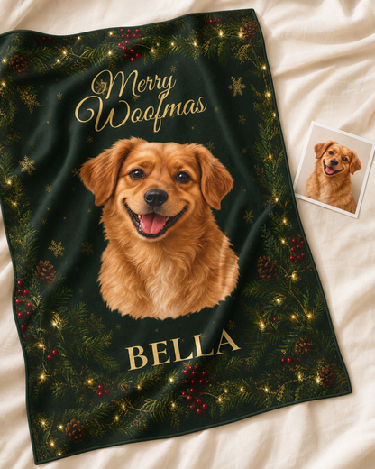 Merry Woofmas Personalized Dog Blanket – Custom Pet Portrait & Name Christmas Gift, Cozy Velveteen Holiday Throw