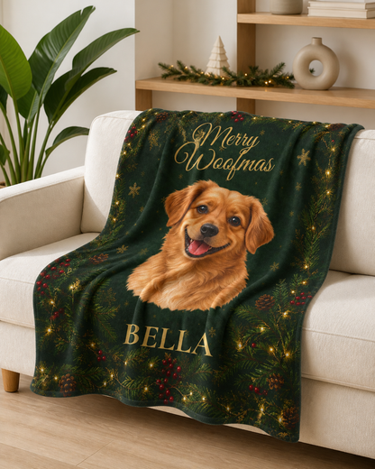Merry Woofmas Personalized Dog Blanket – Custom Pet Portrait & Name Christmas Gift, Cozy Velveteen Holiday Throw