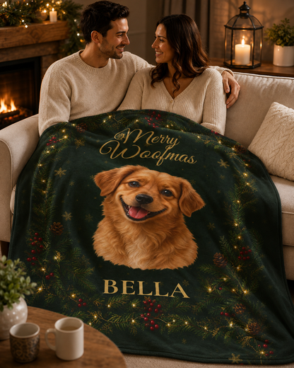 Merry Woofmas Personalized Dog Blanket – Custom Pet Portrait & Name Christmas Gift, Cozy Velveteen Holiday Throw