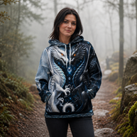 A woman stands on a misty forest path wearing a pullover hoodie with a highly detailed fantasy dragon print in shades of blue, gray, and white with glowing orange eyes.