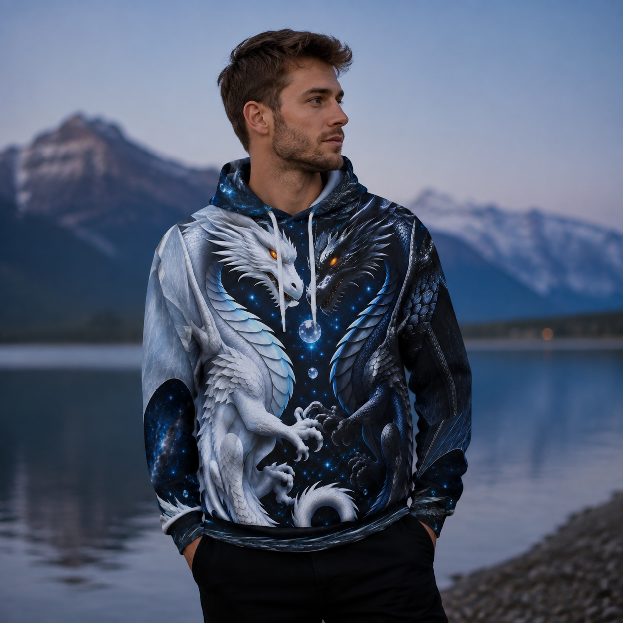 Yin Yang Dragon Hoodie – Black & White All-Over Print, Celestial Fantasy Pullover