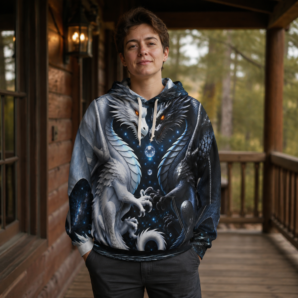 A person standing on a wooden porch wearing a pullover hoodie with a detailed fantasy print of a white wolf and dark cosmic wings against a blue starry background.