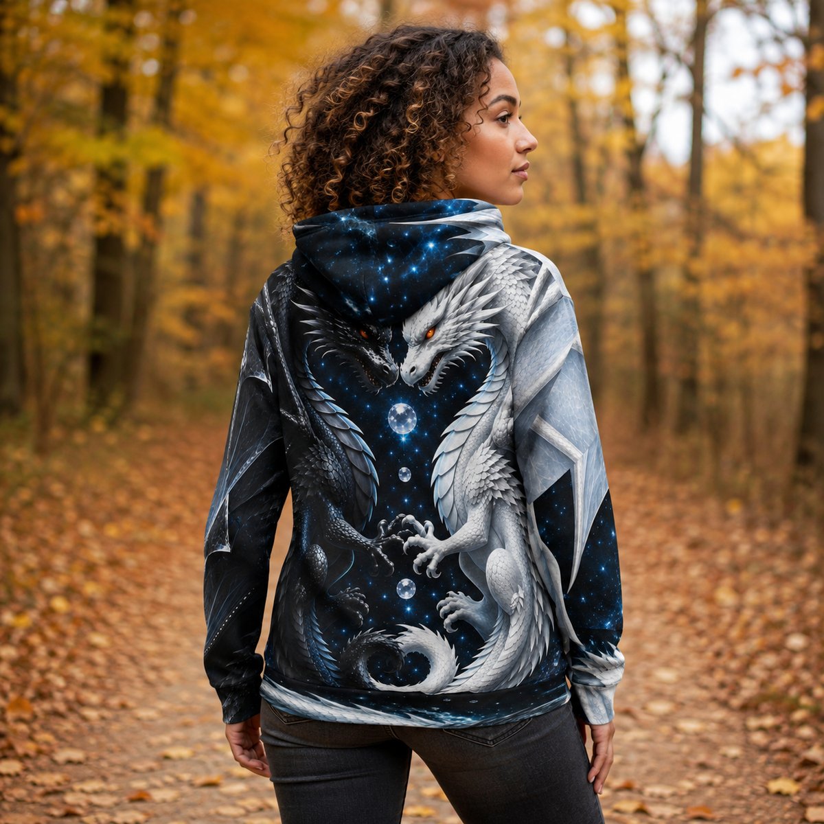 Yin Yang Dragon Hoodie – Black & White All-Over Print, Celestial Fantasy Pullover