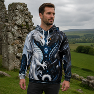 Yin Yang Dragon Hoodie – Black & White All-Over Print, Celestial Fantasy Pullover