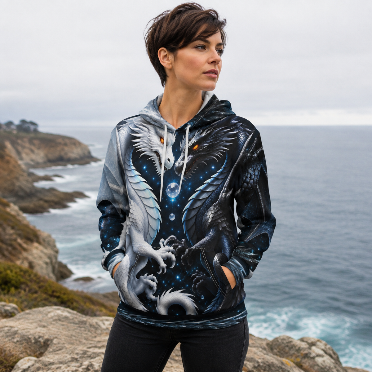 Yin Yang Dragon Hoodie – Black & White All-Over Print, Celestial Fantasy Pullover