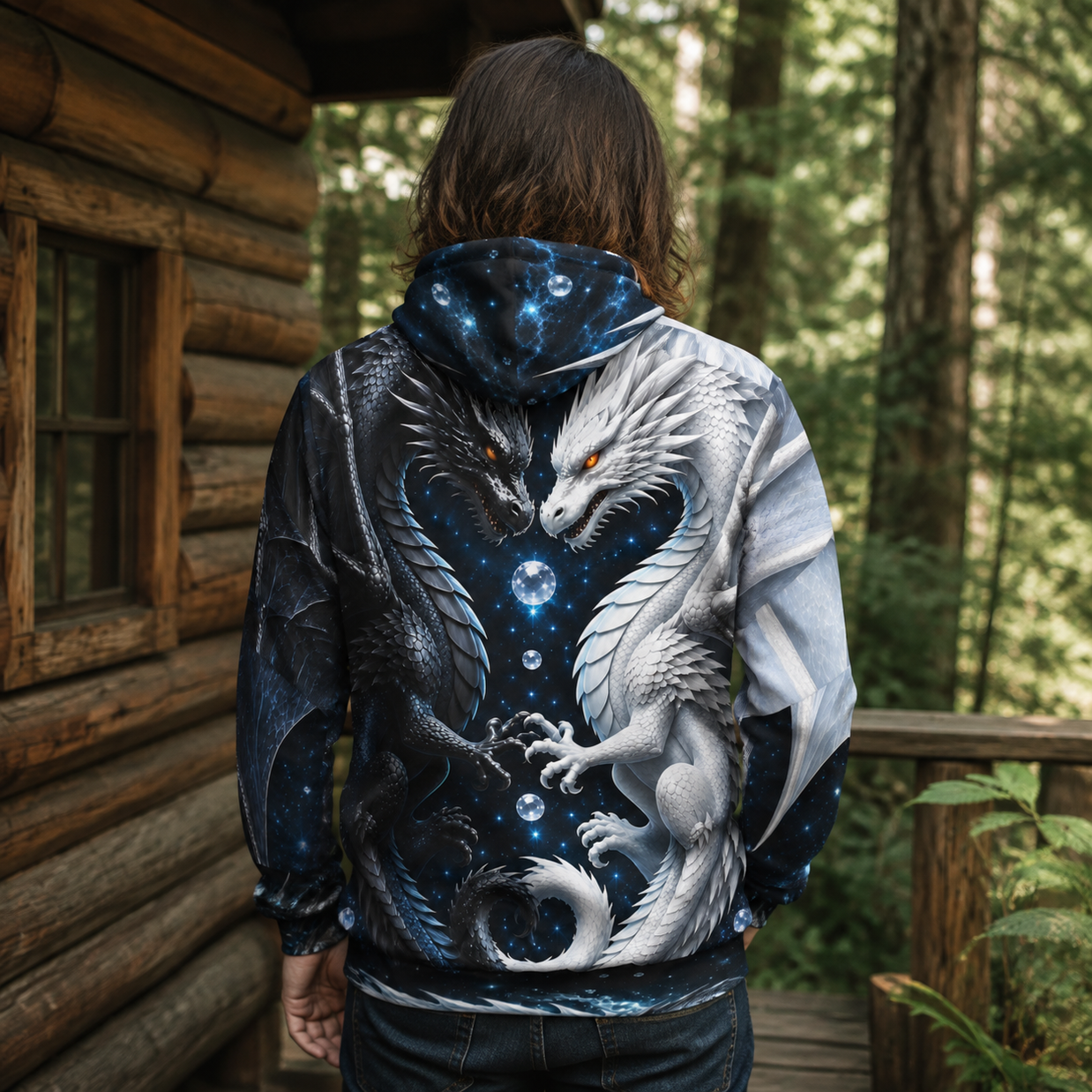 Yin Yang Dragon Hoodie – Black & White All-Over Print, Celestial Fantasy Pullover