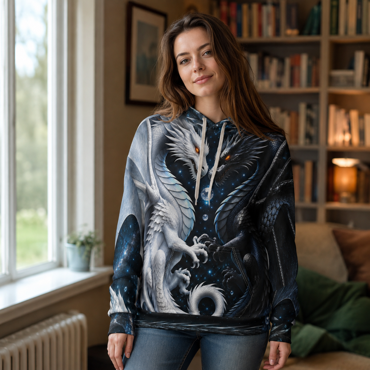 Yin Yang Dragon Hoodie – Black & White All-Over Print, Celestial Fantasy Pullover