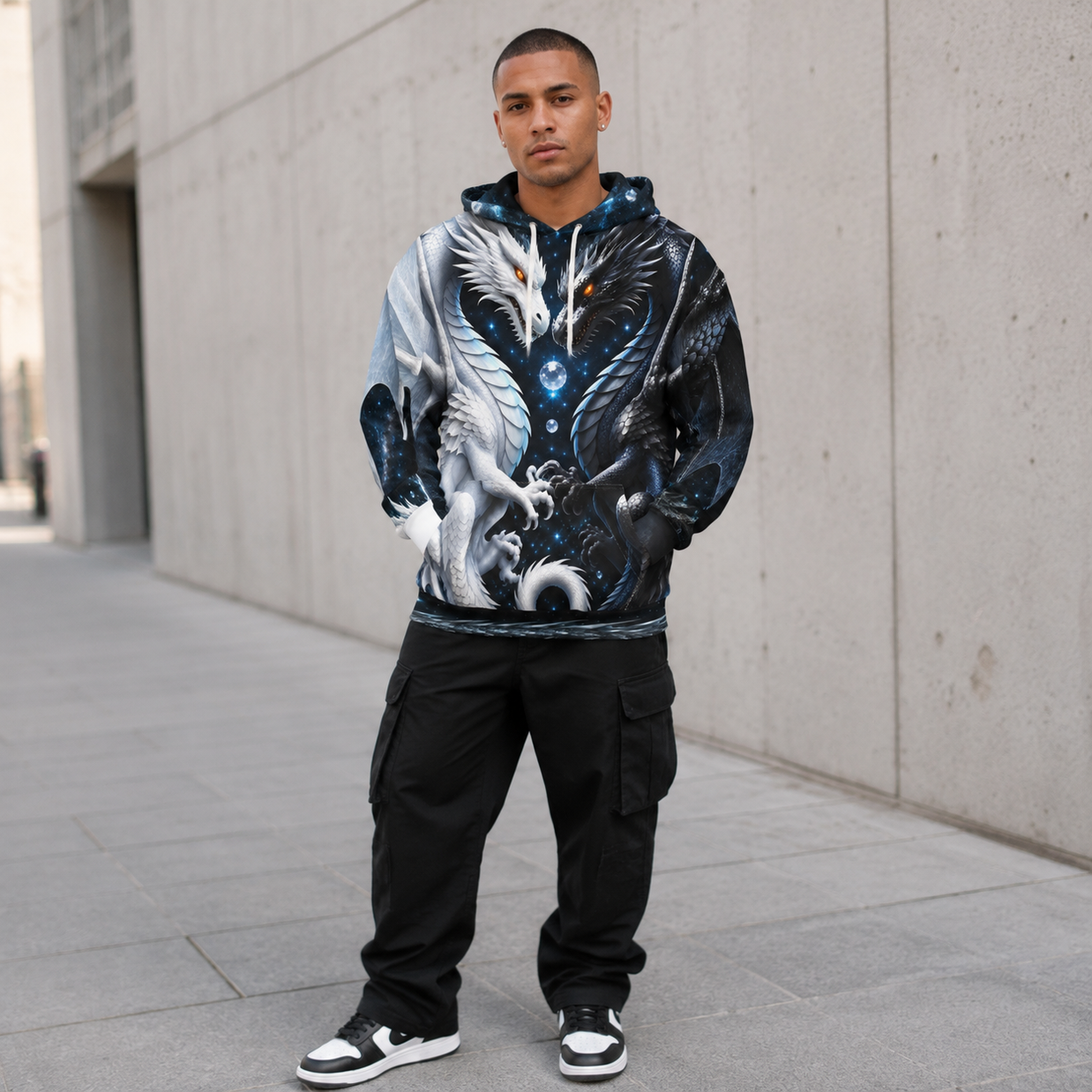 Yin Yang Dragon Hoodie – Black & White All-Over Print, Celestial Fantasy Pullover