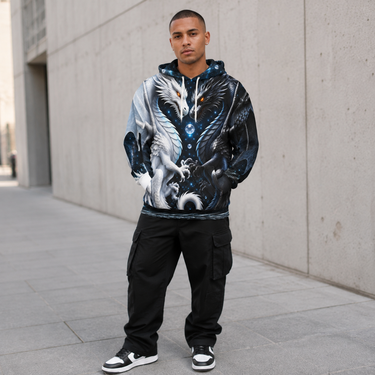 Yin Yang Dragon Hoodie – Black & White All-Over Print, Celestial Fantasy Pullover