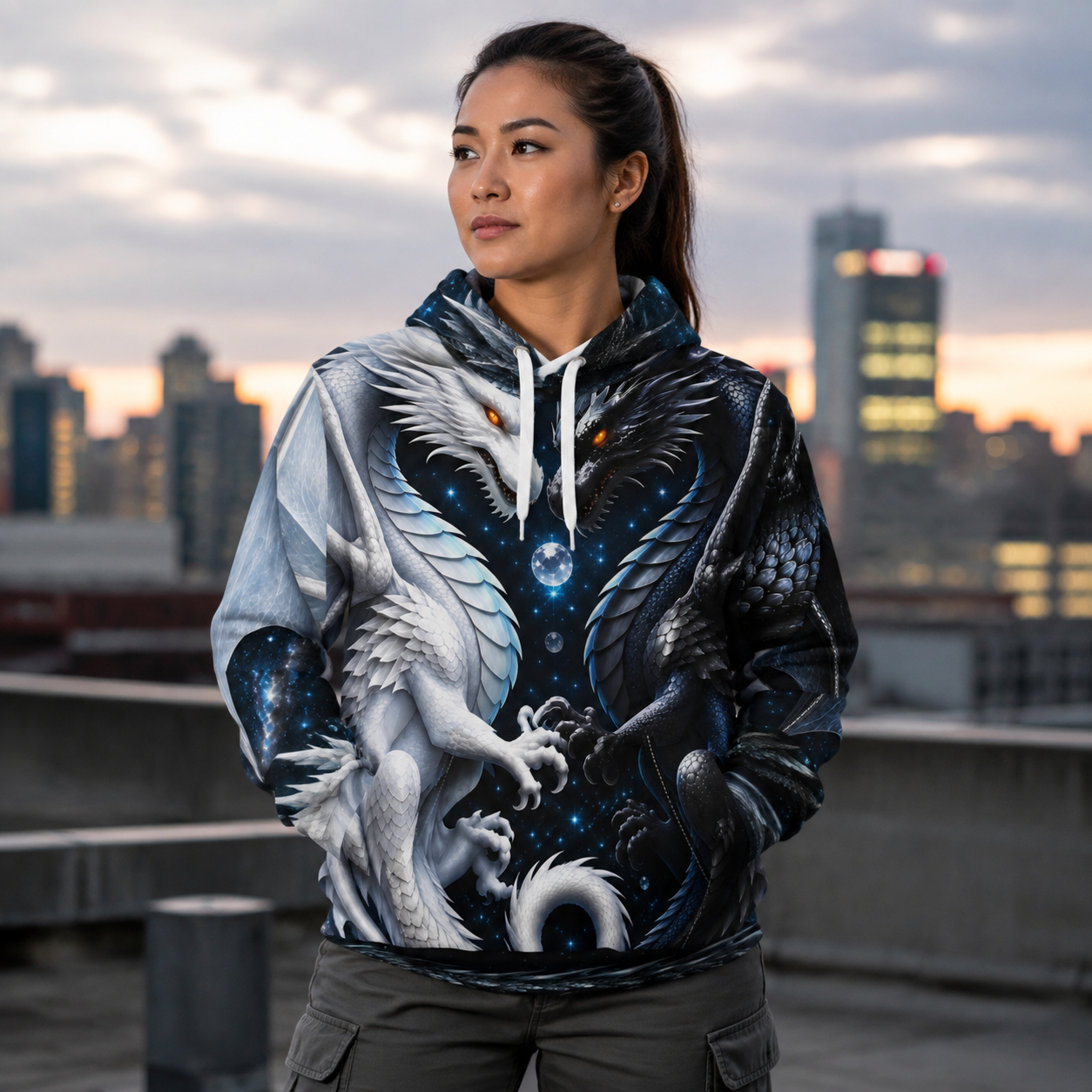 A woman wearing a detailed fantasy hoodie with a white dragon on the left side and a black dragon on the right side, standing on a rooftop with a city skyline at sunset in the background.