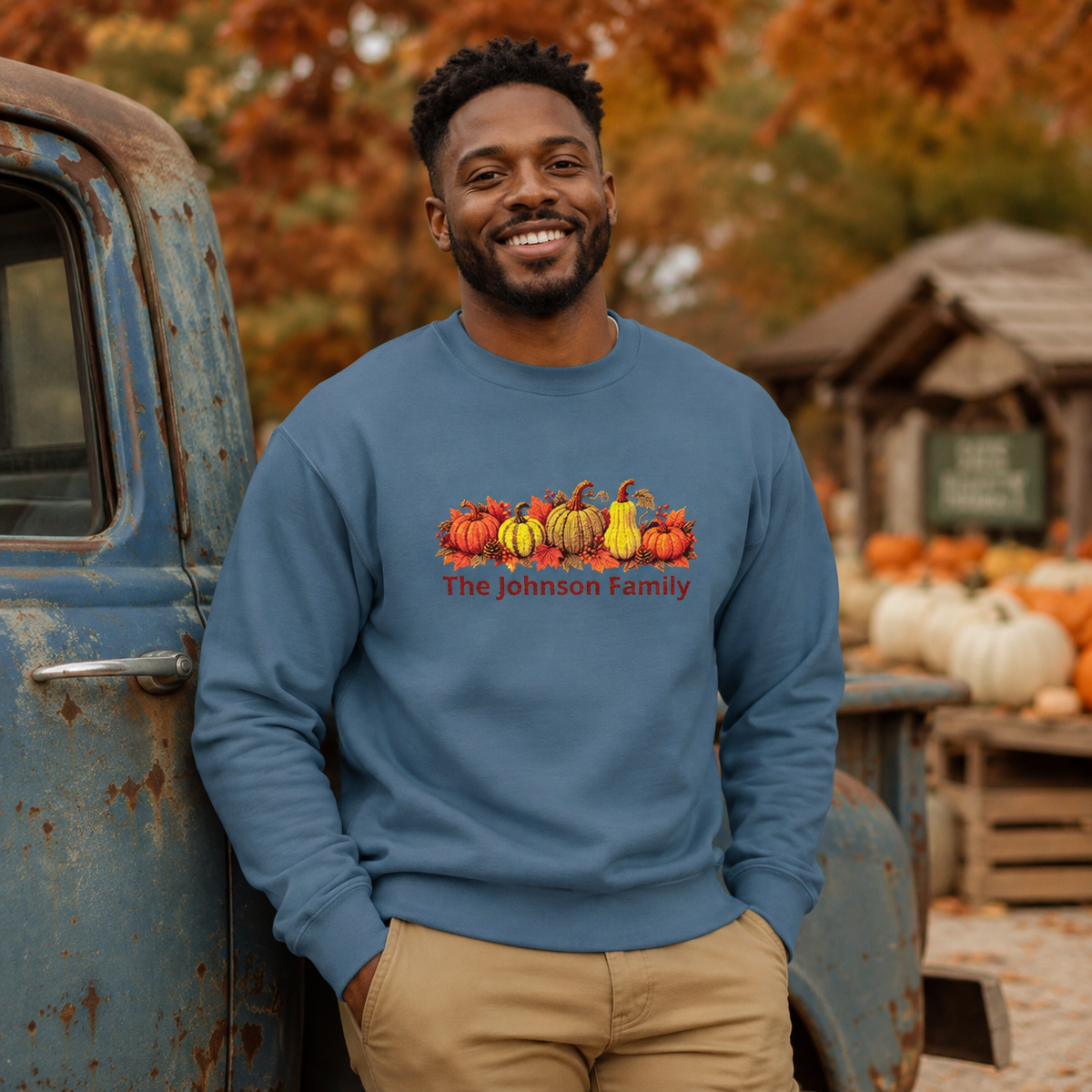 Personalized Fall Pumpkin Sweatshirt — Custom Family Name Crewneck
