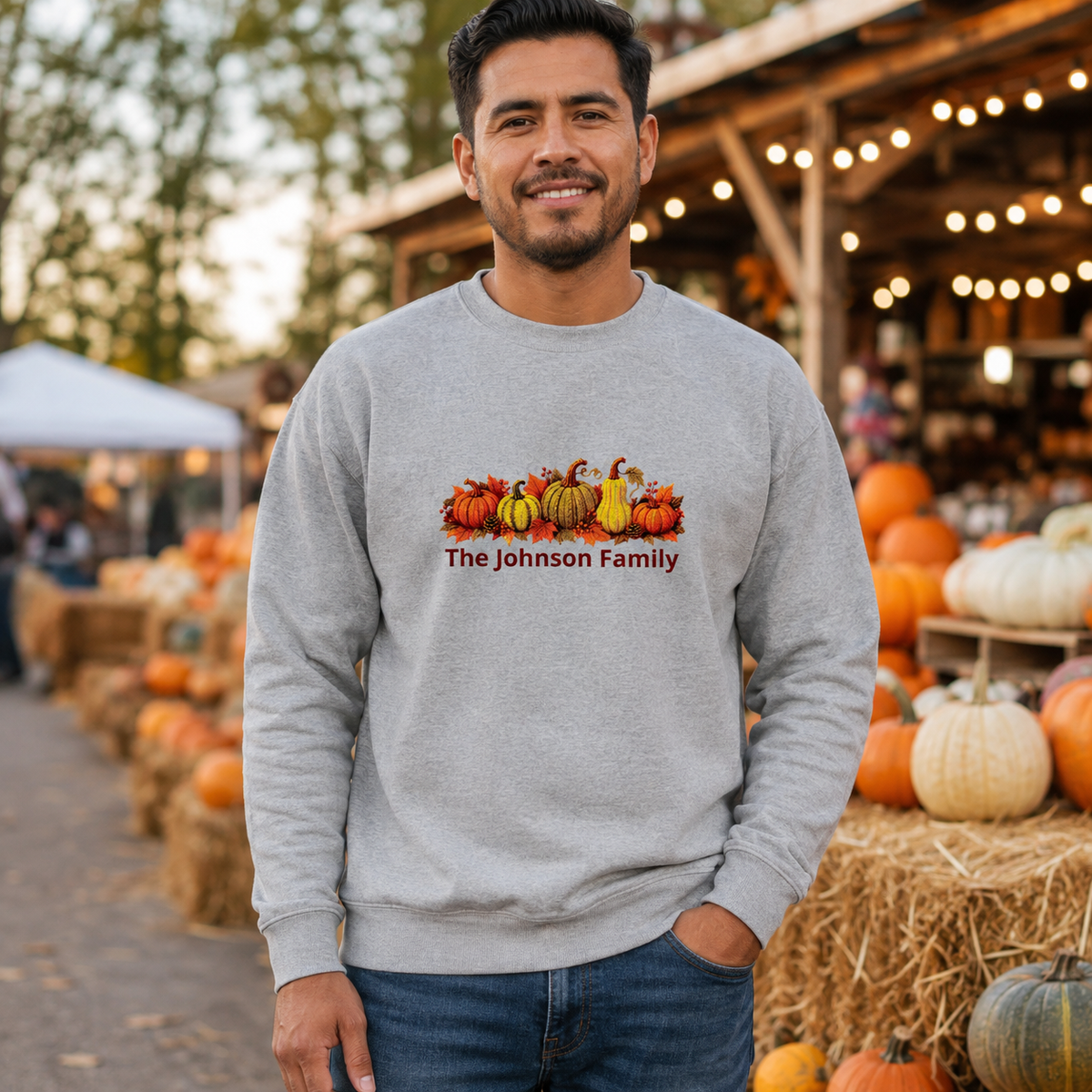 Personalized Fall Pumpkin Sweatshirt — Custom Family Name Crewneck