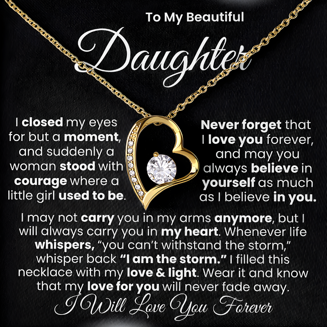“I Will Love You Forever” Daughter Necklace | Choose 14k White Gold Finish or 18k Yellow Gold Finish.