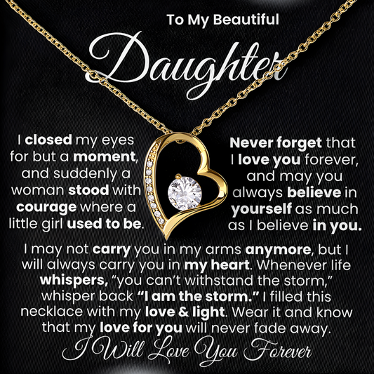 “I Will Love You Forever” Daughter Necklace | Choose 14k White Gold Finish or 18k Yellow Gold Finish.
