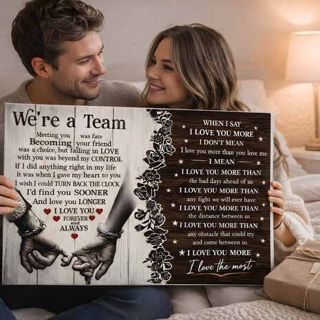 Lienzo artístico romántico "Somos un equipo" – Cita "Te amo más que a nada", regalo para parejas, esposo o esposa, decoración para aniversario y boda