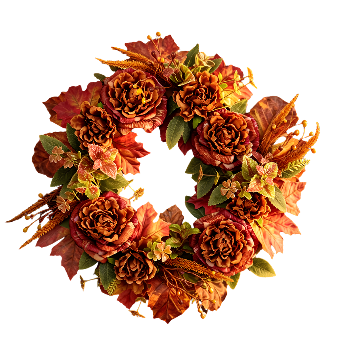 An autumn-themed artificial floral wreath featuring textured orange and red faux roses, maple leaves, and green foliage, isolated on a white background.
