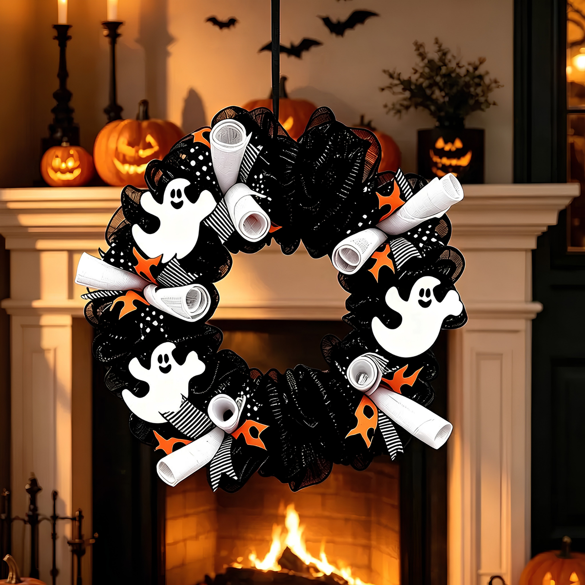 A Halloween wreath hanging in front of a fireplace, decorated with black mesh ribbon, white ghost cutouts, orange spider webs, and rolled white paper banners.