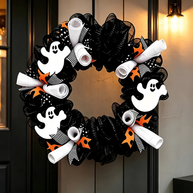 A Halloween wreath hanging on a dark paneled door, decorated with black mesh, white ghost cutouts, white rolled paper tubes, and orange accents.