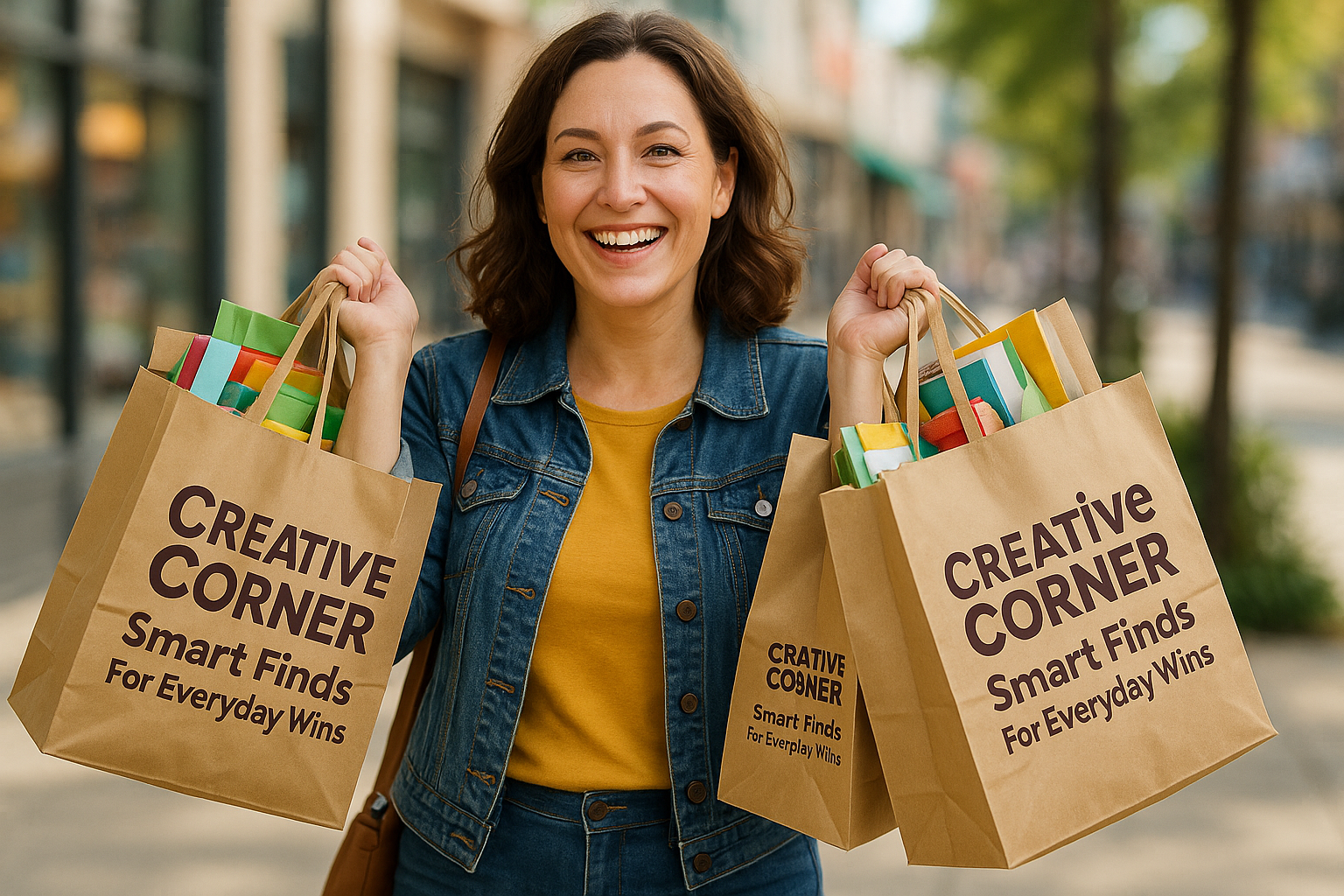 A smiling 35 years old woman carrying 5 shopping bags with products. On the bag is clearly written "Creative Corner: Smart Finds For Everyday Wins"