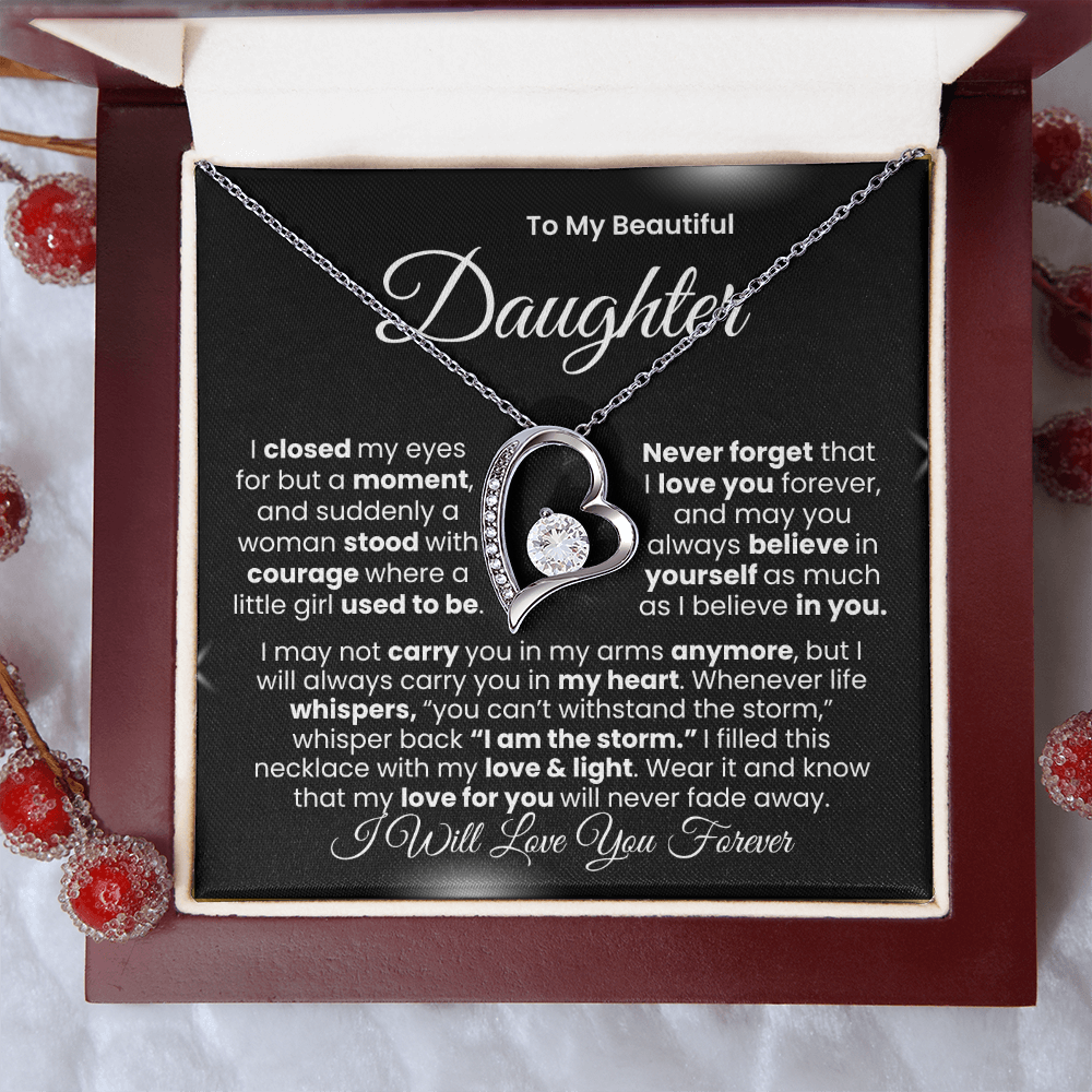 “I Will Love You Forever” Daughter Necklace | Choose 14k White Gold Finish or 18k Yellow Gold Finish.