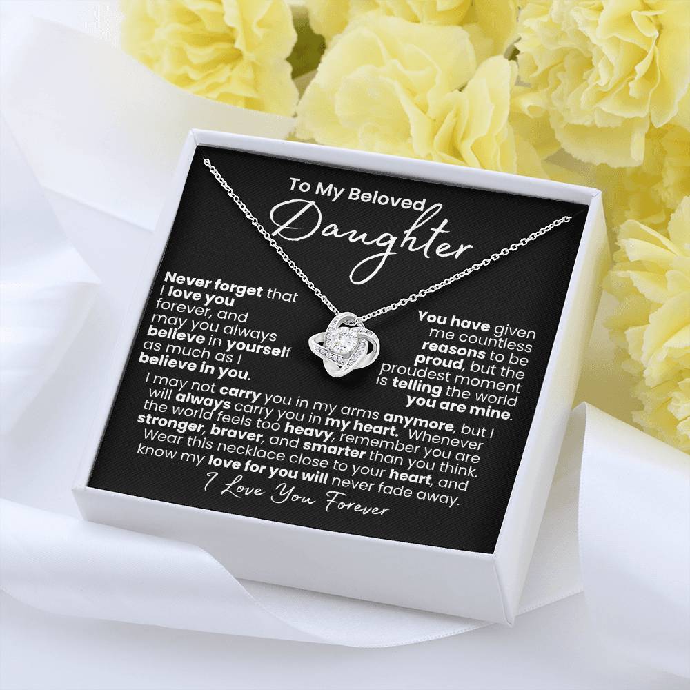 Amor que nunca se desvanece: collar de corazón para hija — Collar Nudo de Amor, acabado en oro blanco de 14k