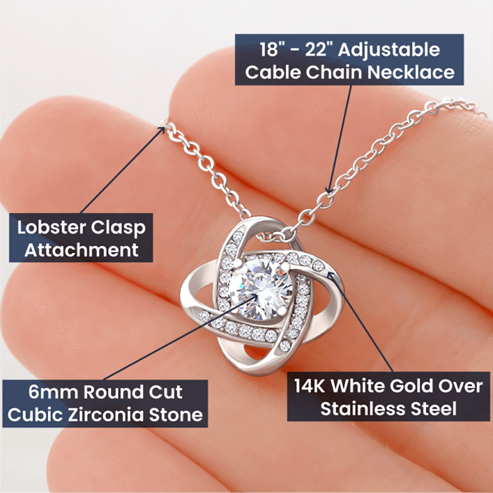 Amor que nunca se desvanece: collar de corazón para hija — Collar Nudo de Amor, acabado en oro blanco de 14k