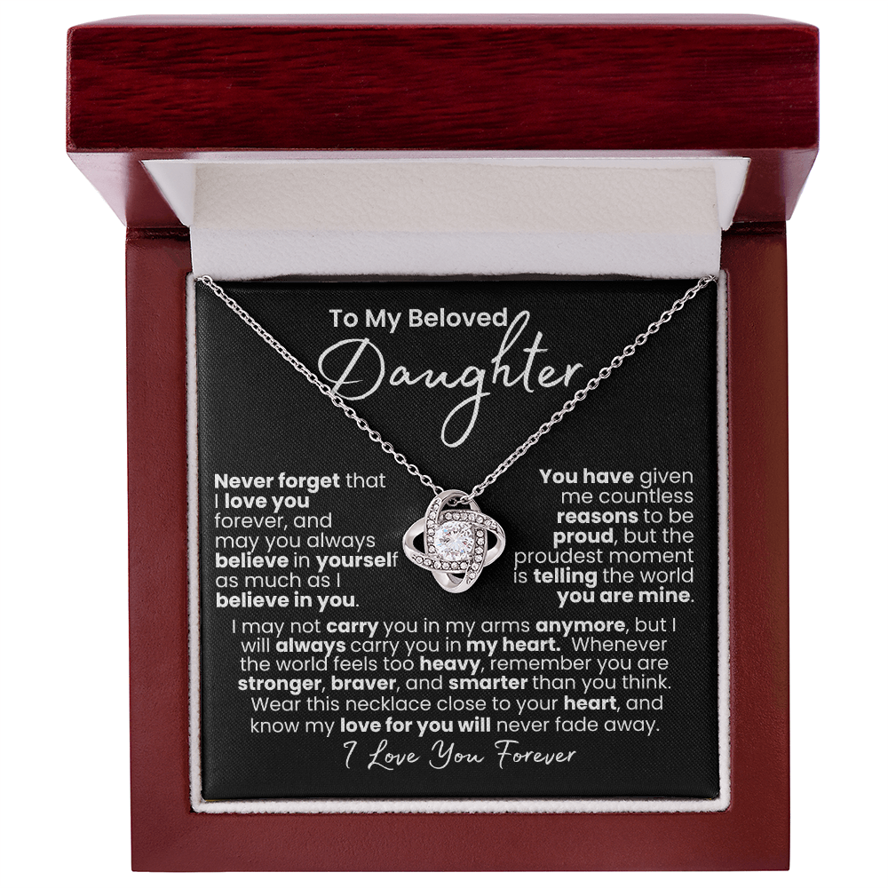 Amor que nunca se desvanece: collar de corazón para hija — Collar Nudo de Amor, acabado en oro blanco de 14k