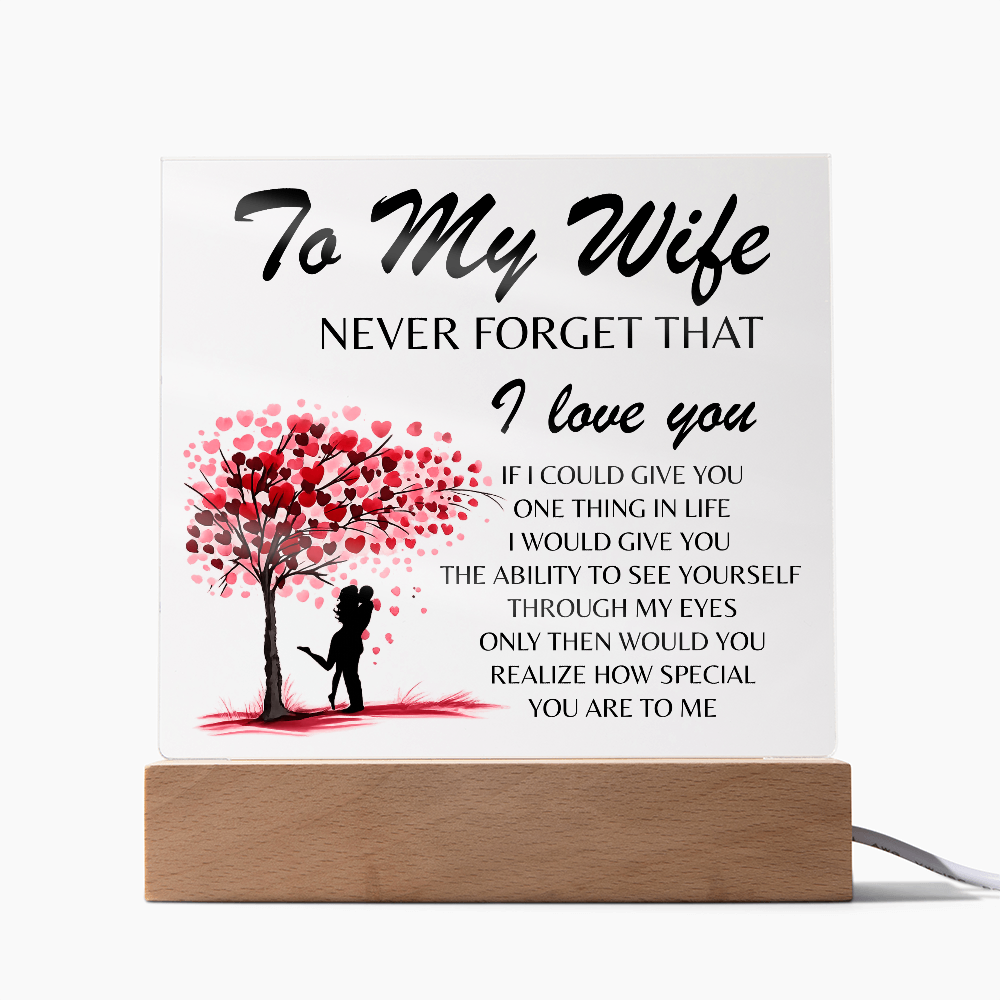 Lámpara Placa Acrílica Para Mi Esposa – Luz Nocturna Árbol Corazón “Nunca Olvides Que Te Amo” (Base de Madera LED, Regalo para Ella)