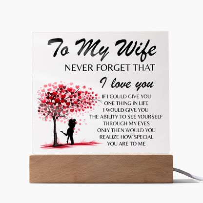 Lámpara Placa Acrílica Para Mi Esposa – Luz Nocturna Árbol Corazón “Nunca Olvides Que Te Amo” (Base de Madera LED, Regalo para Ella)