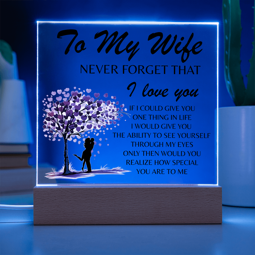 Lámpara Placa Acrílica Para Mi Esposa – Luz Nocturna Árbol Corazón “Nunca Olvides Que Te Amo” (Base de Madera LED, Regalo para Ella)