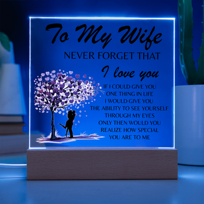 Lámpara Placa Acrílica Para Mi Esposa – Luz Nocturna Árbol Corazón “Nunca Olvides Que Te Amo” (Base de Madera LED, Regalo para Ella)