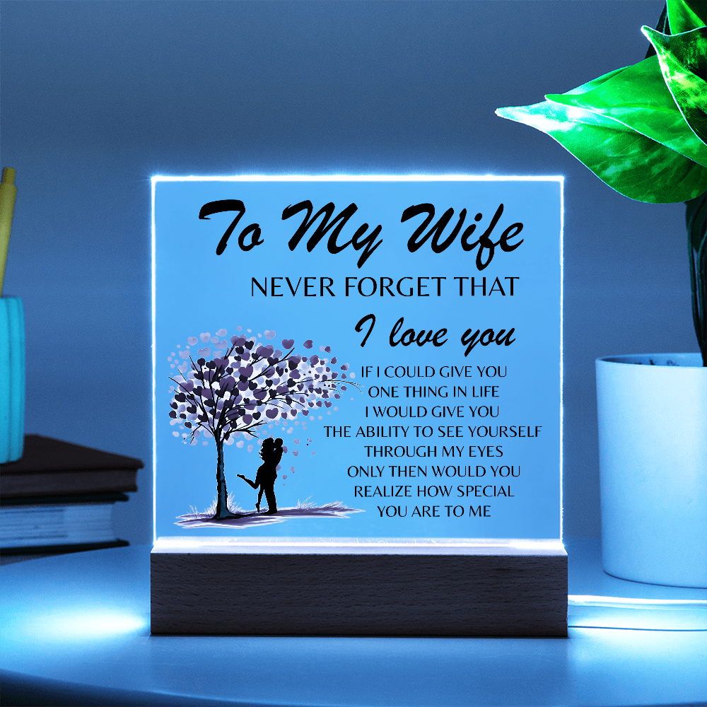 Lámpara Placa Acrílica Para Mi Esposa – Luz Nocturna Árbol Corazón “Nunca Olvides Que Te Amo” (Base de Madera LED, Regalo para Ella)