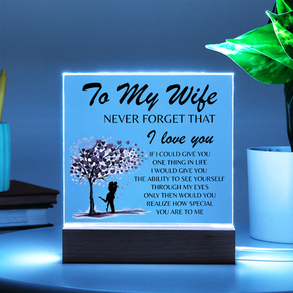 Lámpara Placa Acrílica Para Mi Esposa – Luz Nocturna Árbol Corazón “Nunca Olvides Que Te Amo” (Base de Madera LED, Regalo para Ella)