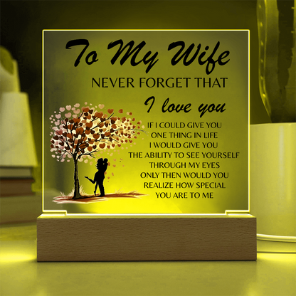 Lámpara Placa Acrílica Para Mi Esposa – Luz Nocturna Árbol Corazón “Nunca Olvides Que Te Amo” (Base de Madera LED, Regalo para Ella)