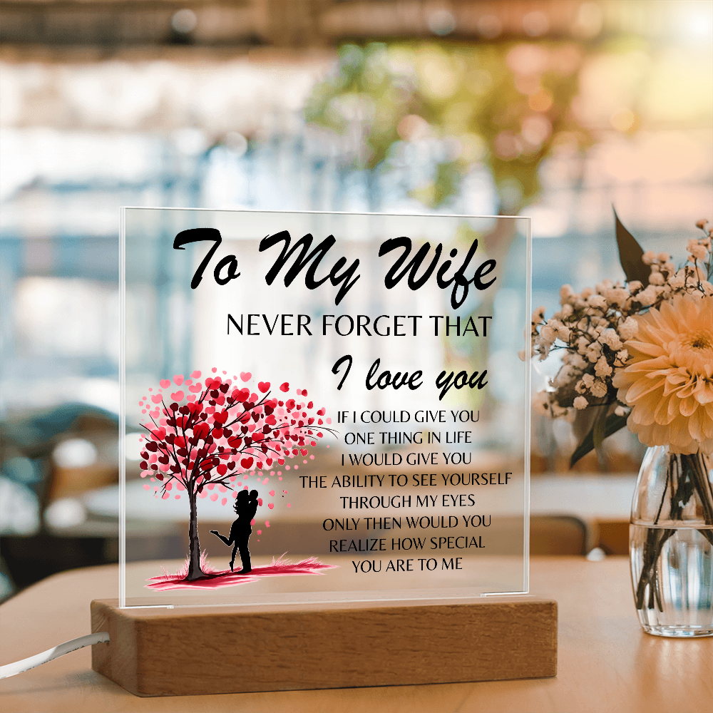 Lámpara Placa Acrílica Para Mi Esposa – Luz Nocturna Árbol Corazón “Nunca Olvides Que Te Amo” (Base de Madera LED, Regalo para Ella)