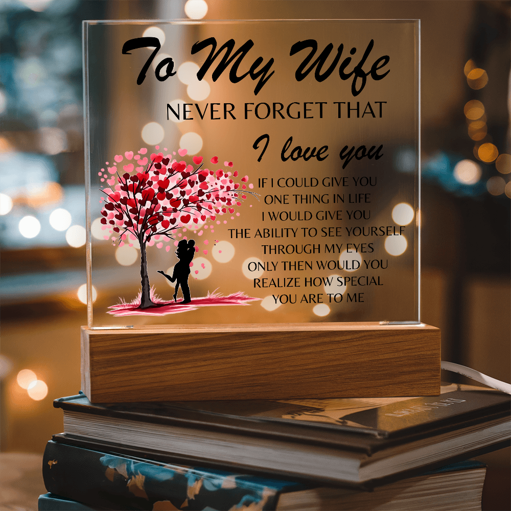 Lámpara Placa Acrílica Para Mi Esposa – Luz Nocturna Árbol Corazón “Nunca Olvides Que Te Amo” (Base de Madera LED, Regalo para Ella)