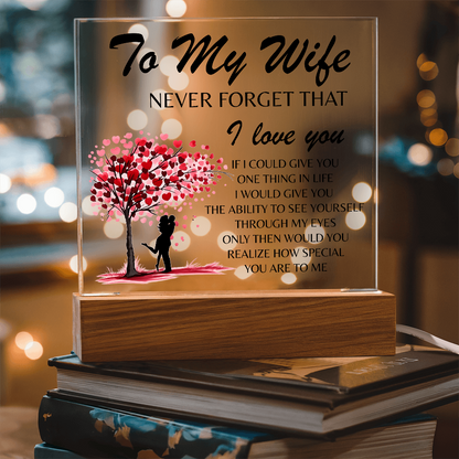 Lámpara Placa Acrílica Para Mi Esposa – Luz Nocturna Árbol Corazón “Nunca Olvides Que Te Amo” (Base de Madera LED, Regalo para Ella)