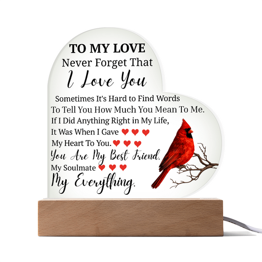To My Love Cardinal Heart Acrylic Lamp