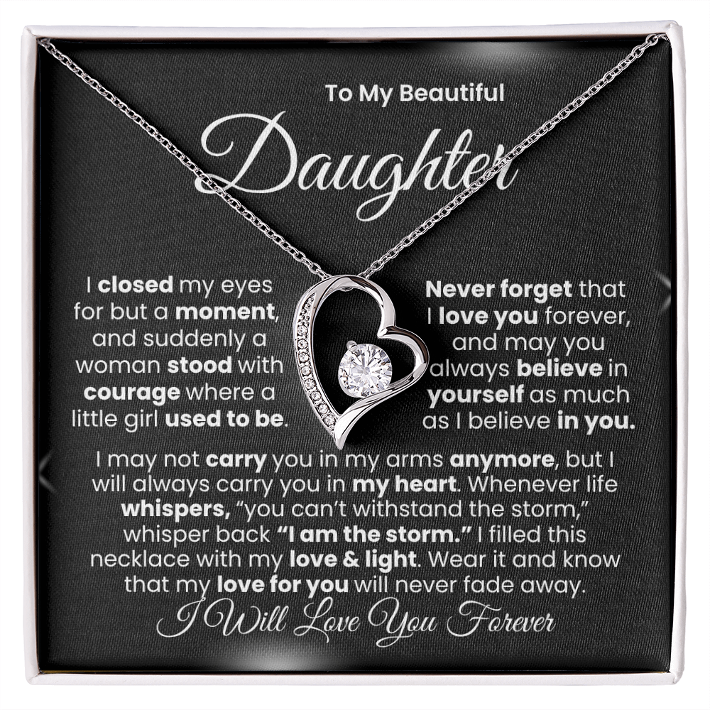 “I Will Love You Forever” Daughter Necklace | Choose 14k White Gold Finish or 18k Yellow Gold Finish.