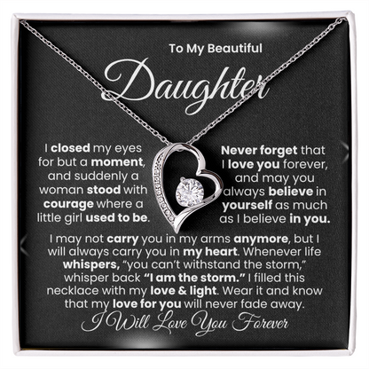 “I Will Love You Forever” Daughter Necklace | Choose 14k White Gold Finish or 18k Yellow Gold Finish.