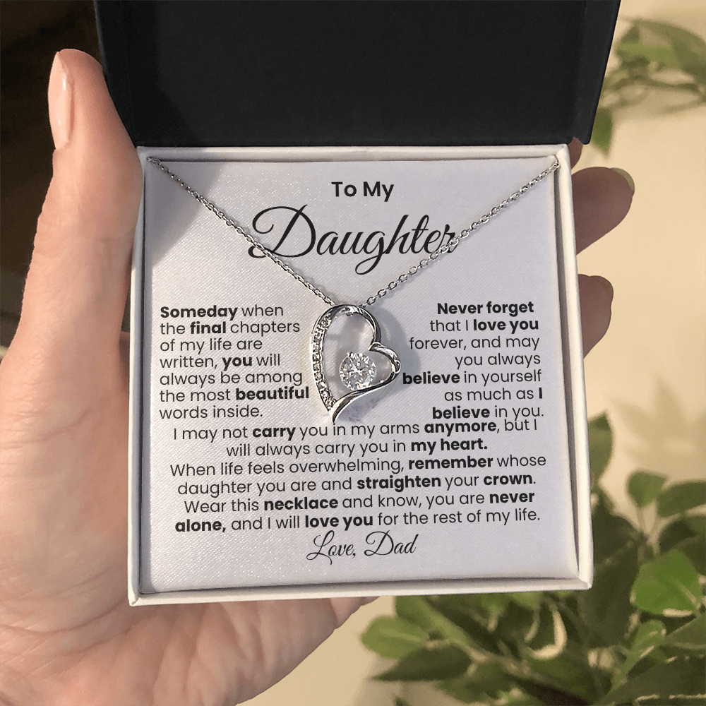 Mensaje de papá para su hija — Collar Amor Eterno | Acabado → Oro blanco de 14k / Oro amarillo de 18k