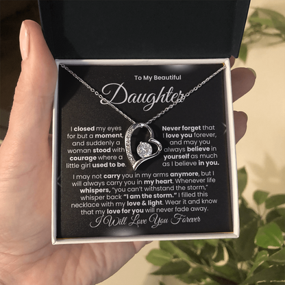 “I Will Love You Forever” Daughter Necklace | Choose 14k White Gold Finish or 18k Yellow Gold Finish.