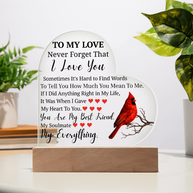 To My Love Cardinal Heart Acrylic Lamp