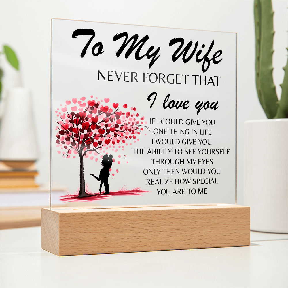 Lámpara Placa Acrílica Para Mi Esposa – Luz Nocturna Árbol Corazón “Nunca Olvides Que Te Amo” (Base de Madera LED, Regalo para Ella)
