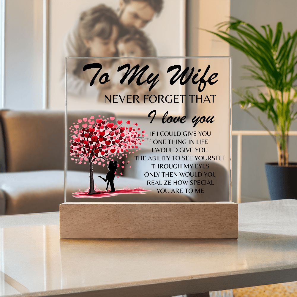 Lámpara Placa Acrílica Para Mi Esposa – Luz Nocturna Árbol Corazón “Nunca Olvides Que Te Amo” (Base de Madera LED, Regalo para Ella)