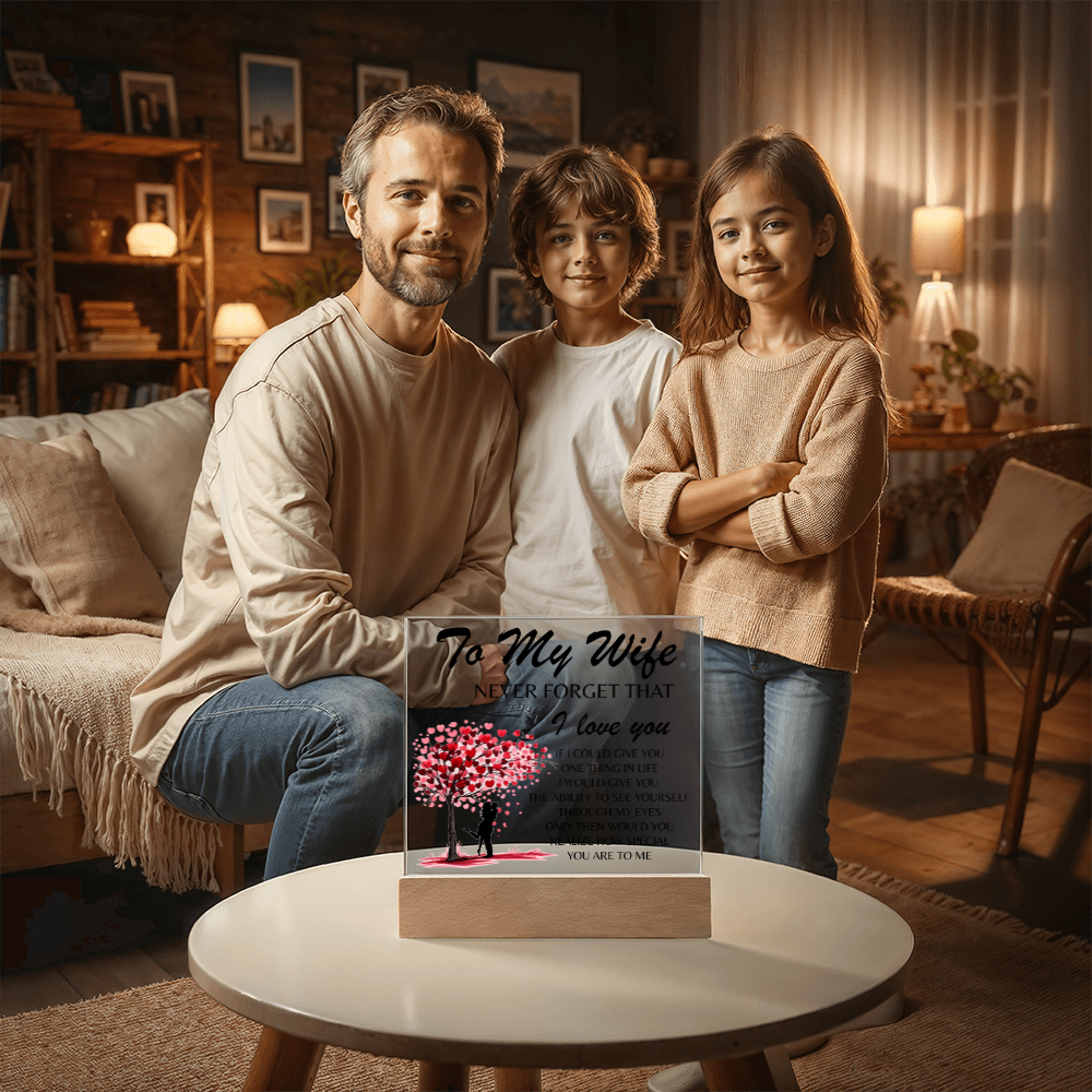 Lámpara Placa Acrílica Para Mi Esposa – Luz Nocturna Árbol Corazón “Nunca Olvides Que Te Amo” (Base de Madera LED, Regalo para Ella)