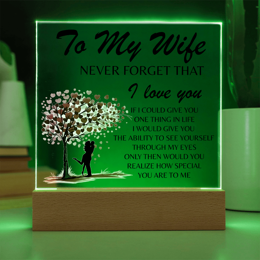 Lámpara Placa Acrílica Para Mi Esposa – Luz Nocturna Árbol Corazón “Nunca Olvides Que Te Amo” (Base de Madera LED, Regalo para Ella)