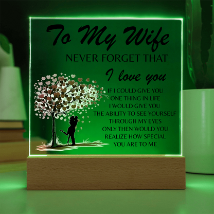 Lámpara Placa Acrílica Para Mi Esposa – Luz Nocturna Árbol Corazón “Nunca Olvides Que Te Amo” (Base de Madera LED, Regalo para Ella)