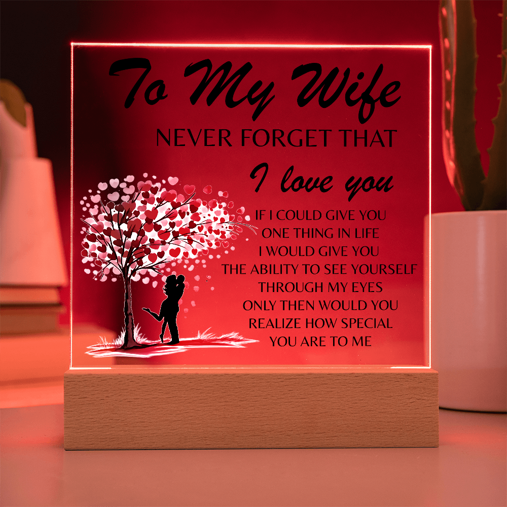 Lámpara Placa Acrílica Para Mi Esposa – Luz Nocturna Árbol Corazón “Nunca Olvides Que Te Amo” (Base de Madera LED, Regalo para Ella)