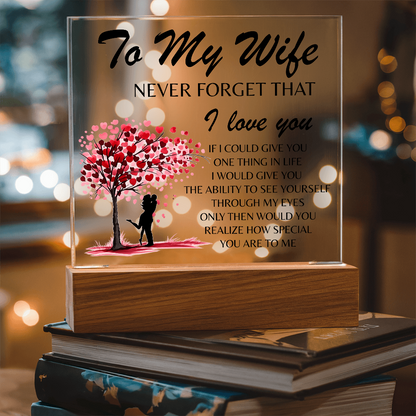 Lámpara Placa Acrílica Para Mi Esposa – Luz Nocturna Árbol Corazón “Nunca Olvides Que Te Amo” (Base de Madera LED, Regalo para Ella)